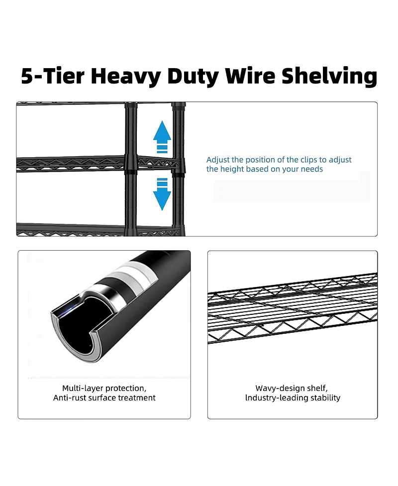 Rainsken 5-Tier Utility Shelving Unit, Heavy Duty Metal Wire Organizer Rack, 1250 lbs Capacity for Basement, Warehouse