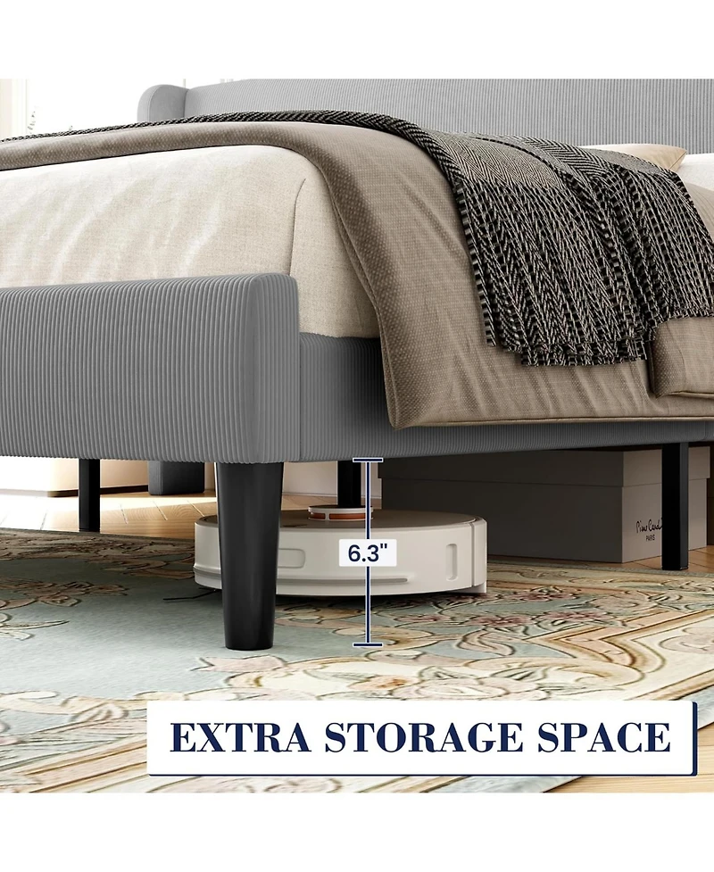 King Bed Frame Wingback Headboard Vertical Stripe Velvet 2 Storage Pockets Wood Slats Easy Assembly Light Grey