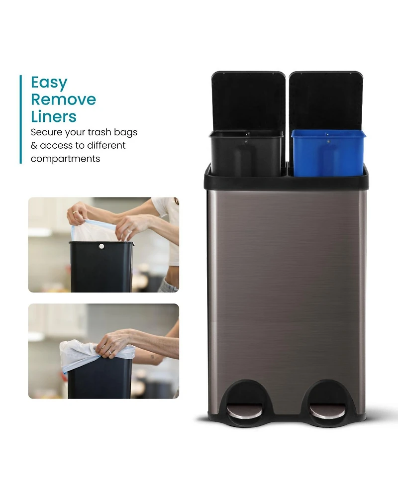Home Zone Living 16 Gallon Dual Trash and Recycling Can with Removable Liners and Soft Close Lids, Stainless Steel