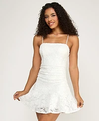 Emerald Sundae Junior's Sequin Lace-Up Back Square Neck Short Dress