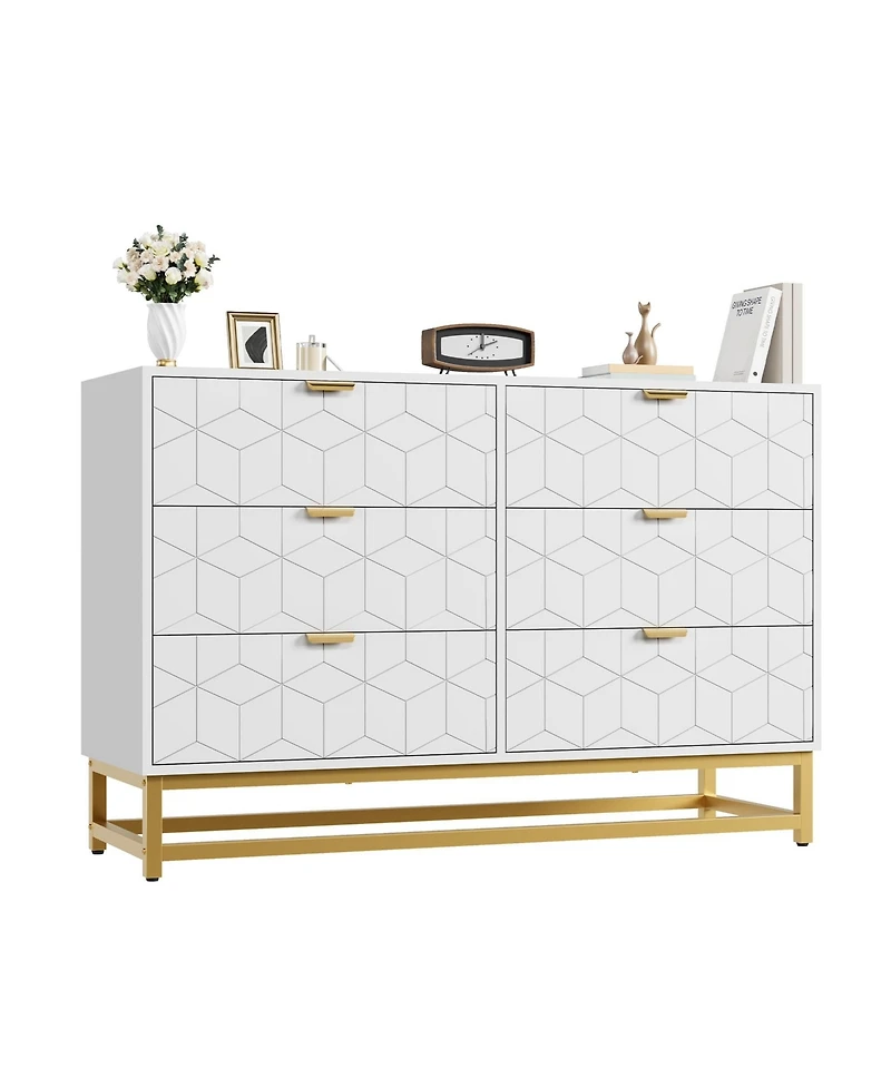 gaomon 6 Drawer Dresser with Wide Storage, Modern Wood Chest Organizer with Metal Legs for Bedroom or Living Room, White