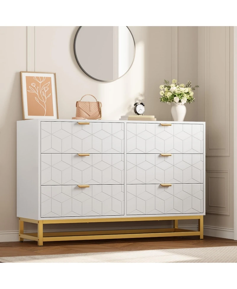 gaomon 6 Drawer Dresser with Wide Storage, Modern Wood Chest Organizer with Metal Legs for Bedroom or Living Room, White