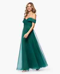 Betsy & Adam Petite Mesh Off-The-Shoulder Ball Gown