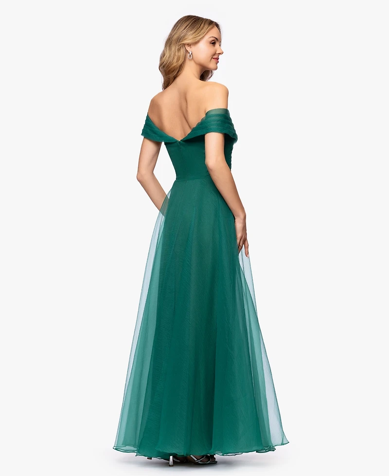 Betsy & Adam Petite Mesh Off-The-Shoulder Ball Gown