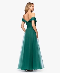 Betsy & Adam Petite Mesh Off-The-Shoulder Ball Gown