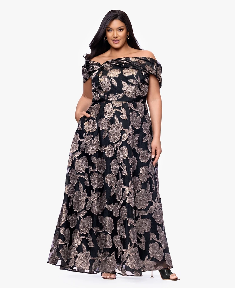 Betsy & Adam Plus Printed Off-The-Shoulder Ball Gown