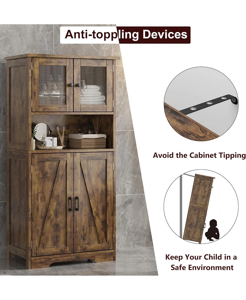 gaomon Farmhouse Freestanding Kitchen Pantry Cabinet with Glass Doors and Adjustable Shelves Cupboard, Floor Cabinet for Living Room