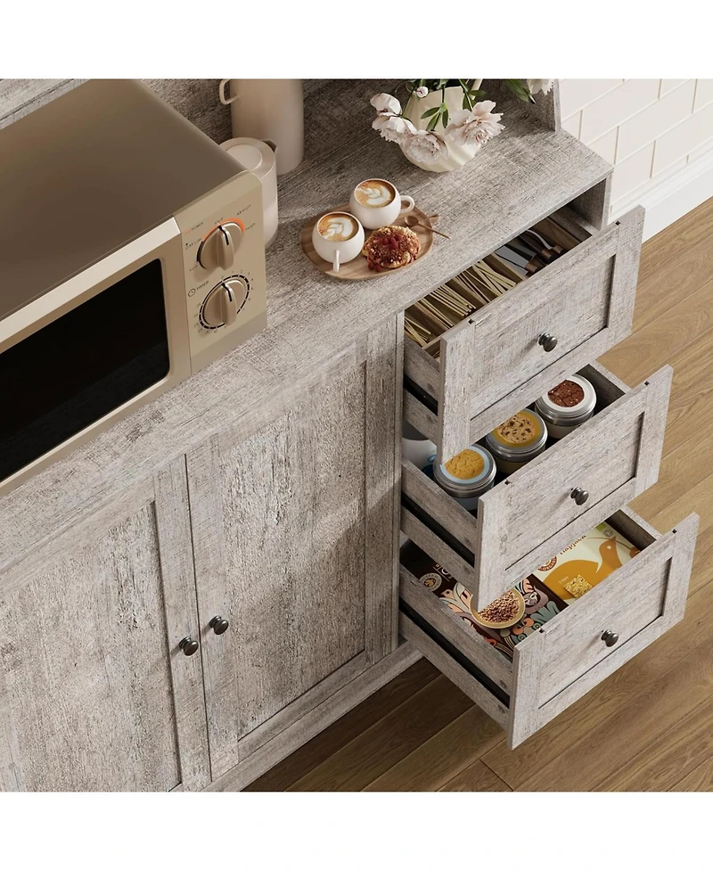 gaomon 66 Inch Kitchen Pantry Cabinet with Microwave Shelf Hutch with 3 Drawers Led Lights Tall Storage