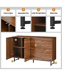 Clihome 59" Modern Solid Wood Sideboard with Wave Relief & Iron Legs