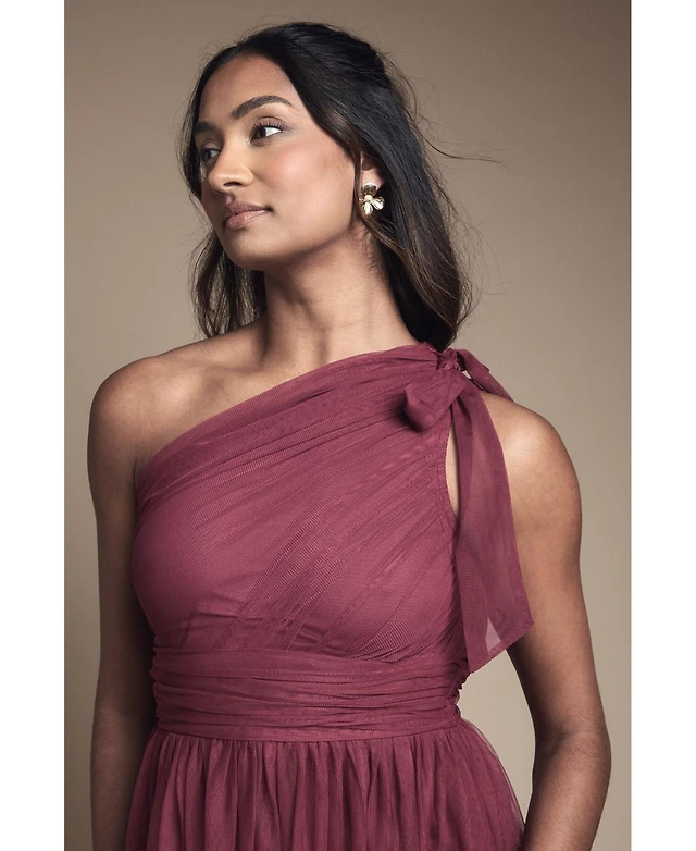 oasis one shoulder dress Oasis Women's Wine Pleated Mesh One Shoulder Tiered Maxi Bridesmaid Maxi Dress