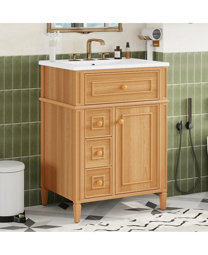 Sillysis 24" Freestanding Bathroom Vanity with Ceramic Sink, Solid Wood & Mdf, Soft-Close Drawers, Flip-Out Storage for Modern Bathrooms