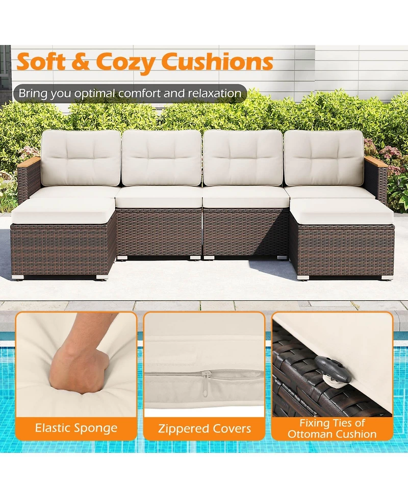 Gymax Set Of 7 Wicker Conversation Set w/ Seat and Back Cushions Wood Armrests and Tabletop
