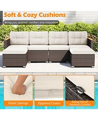 Gymax Set Of 7 Wicker Conversation Set w/ Seat and Back Cushions Wood Armrests and Tabletop