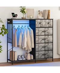 gaomon Dresser with Hanging Rack, Reversible 6 Drawers Dresser with Led Lights & Charging Station