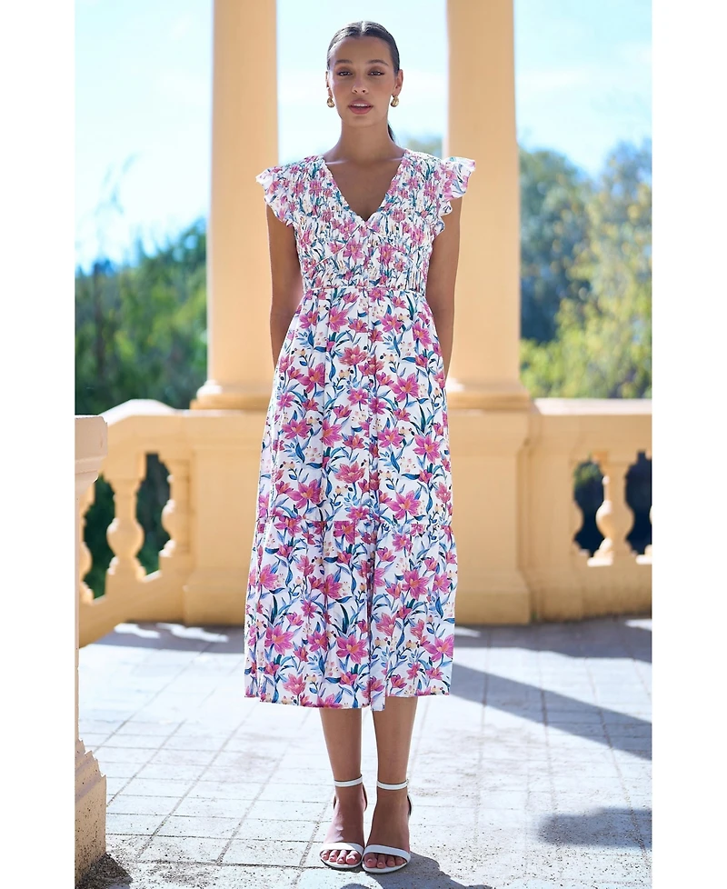 Yumi Women's Viscose Floral Ruched Waist Midi Dress