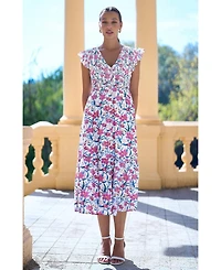 Yumi Women's Viscose Floral Ruched Waist Midi Dress