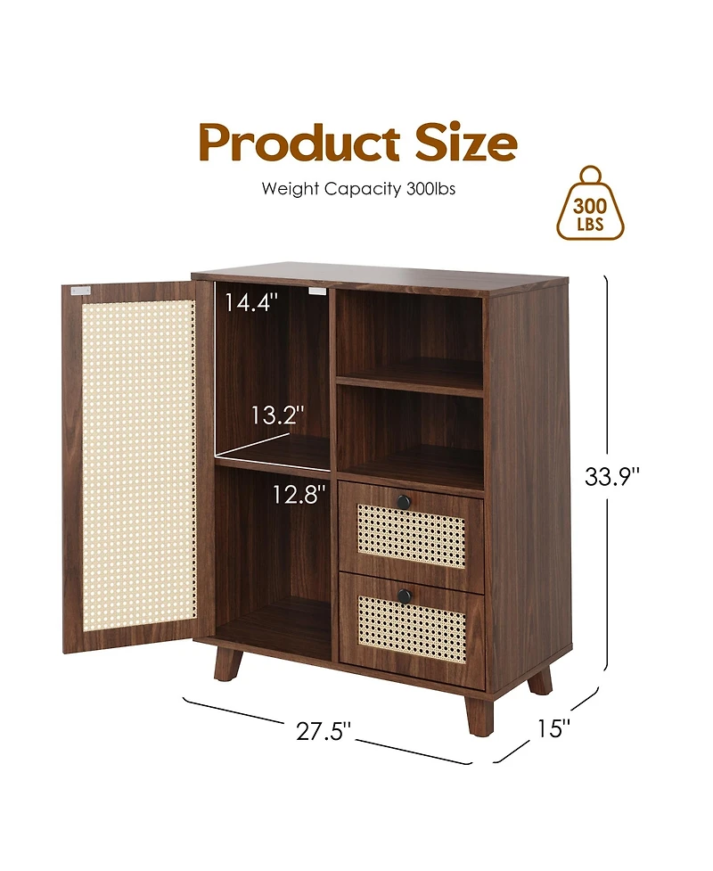 Rainsken Rattan Buffet Cabinet, Kitchen Sideboard with 2 Drawers for Living Room, Dining Room, Entryway (Walnut)