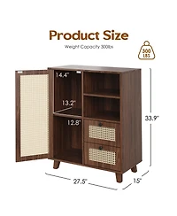 Rainsken Rattan Buffet Cabinet, Kitchen Sideboard with 2 Drawers for Living Room, Dining Room, Entryway (Walnut)