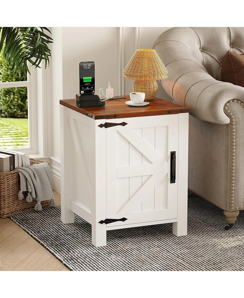 gaomon Bedside Tables Set of 2 with Usb Charging Station – White & Brown Rustic Bedside Tables with Sliding Barn Door, Adjustable Shelf