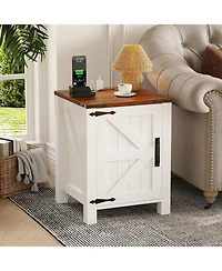 gaomon Bedside Tables Set of 2 with Usb Charging Station – White & Brown Rustic Bedside Tables with Sliding Barn Door, Adjustable Shelf