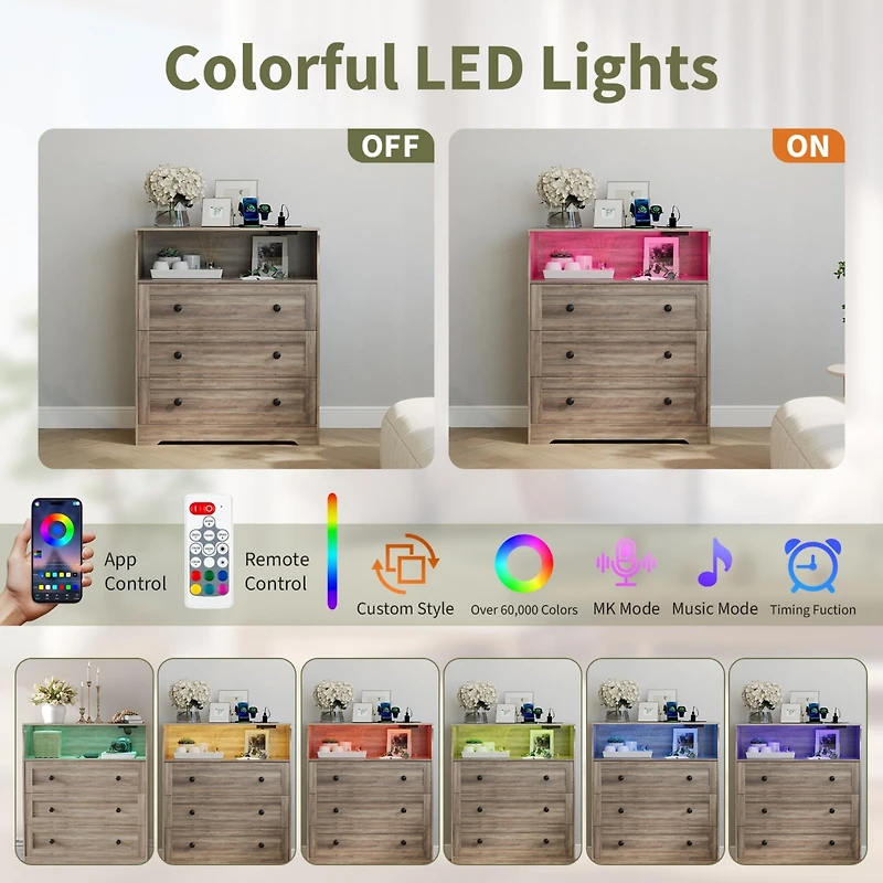 gaomon 3-Drawer Wooden Dresser with Led Lights & Charging Station, Storage Chest for Living Room & Closet.