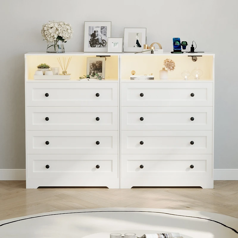 gaomon 4-Drawer Wooden Dresser with Led Lights & Charging Station, Modern Nightstand Chest for Bedroom