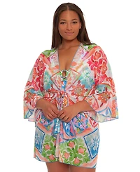 Becca Etc Plus Mijas Tie Front Stretch Mesh V-Neck Cover-Up Tunic