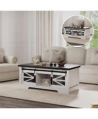 gaomon Lift Top Coffee Table, Multifunctional Table with Sliding Barn Door, Hidden Storage Compartment, Lifting Tabletop, Adjustable Shelf