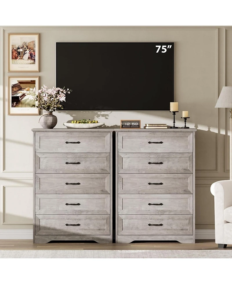 gaomon Farmhouse 5 Drawers Dresser for Bedroom, Tall Chest of Drawer, Wooden Vertical Dresser with Metal Handles and Stable Base