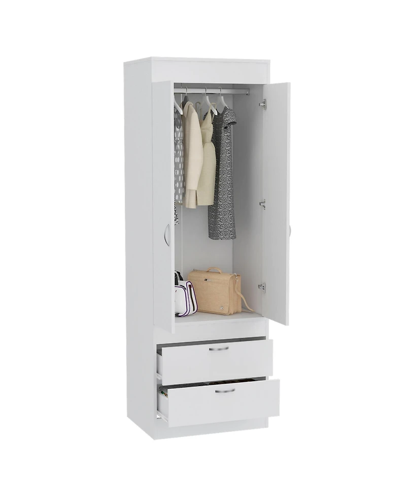 Flynama Lisboa Armoire with Hanging Rod, Double Doors, Two Spacious Drawers and Metal Handles for Bedroom Storage
