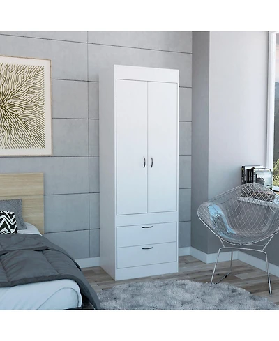 Flynama Lisboa Armoire with Hanging Rod, Double Doors, Two Spacious Drawers and Metal Handles for Bedroom Storage