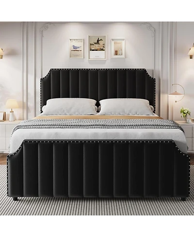 Gaomon Velvet Bed Frame, 50.2 in Tall Headboard & Footboard, Upholstered Platform King Bed Frame with Nailhead Trim, No Box Spring Needed