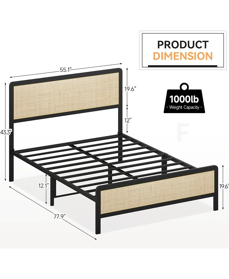 Gaomon Boho Rattan Full Size Bed Frame with Headboard & Footboard, Sturdy metal Platform Bed, Rattan Headboard, Under-Bed Storage, No Box