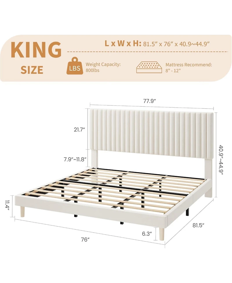 gaomon Upholstered Platform Bed Frame Vertical Channel Tufted Adjustable Headboard, Strong Wooden Slats Support