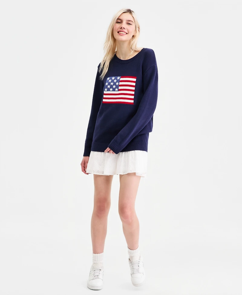 Hooked Up by Iot Juniors' American Flag Crewneck Sweater