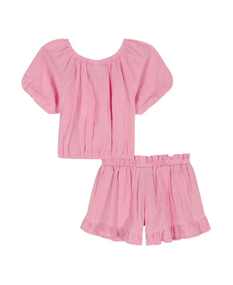 Kids Headquarters Girls' 2T-6X Puff-Sleeve Solid Top and Shorts, 2-Piece Set