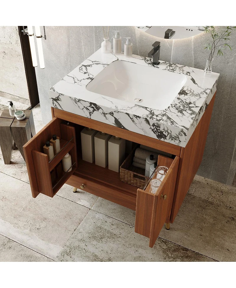 Sillysis 30" Freestanding Bathroom Vanity with Faux Marble Top, Ceramic Sink, Soft Close Storage for Small Bathrooms