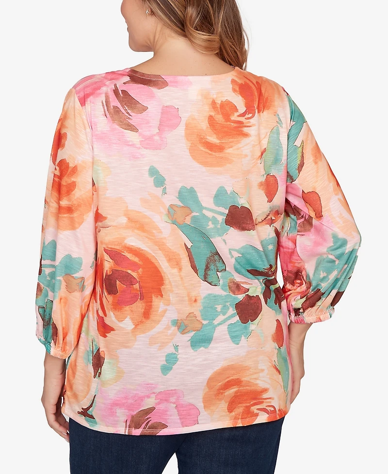 Ruby Rd. Plus Scalloped Neck Bold Floral Knit Top