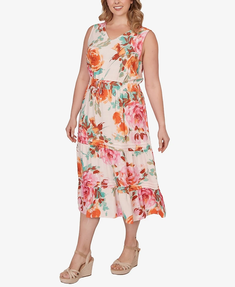 Ruby Rd. Plus Drawstring Waist Floral Linen Tiered Dress