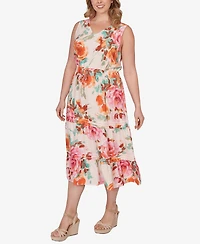 Ruby Rd. Plus Drawstring Waist Floral Linen Tiered Dress