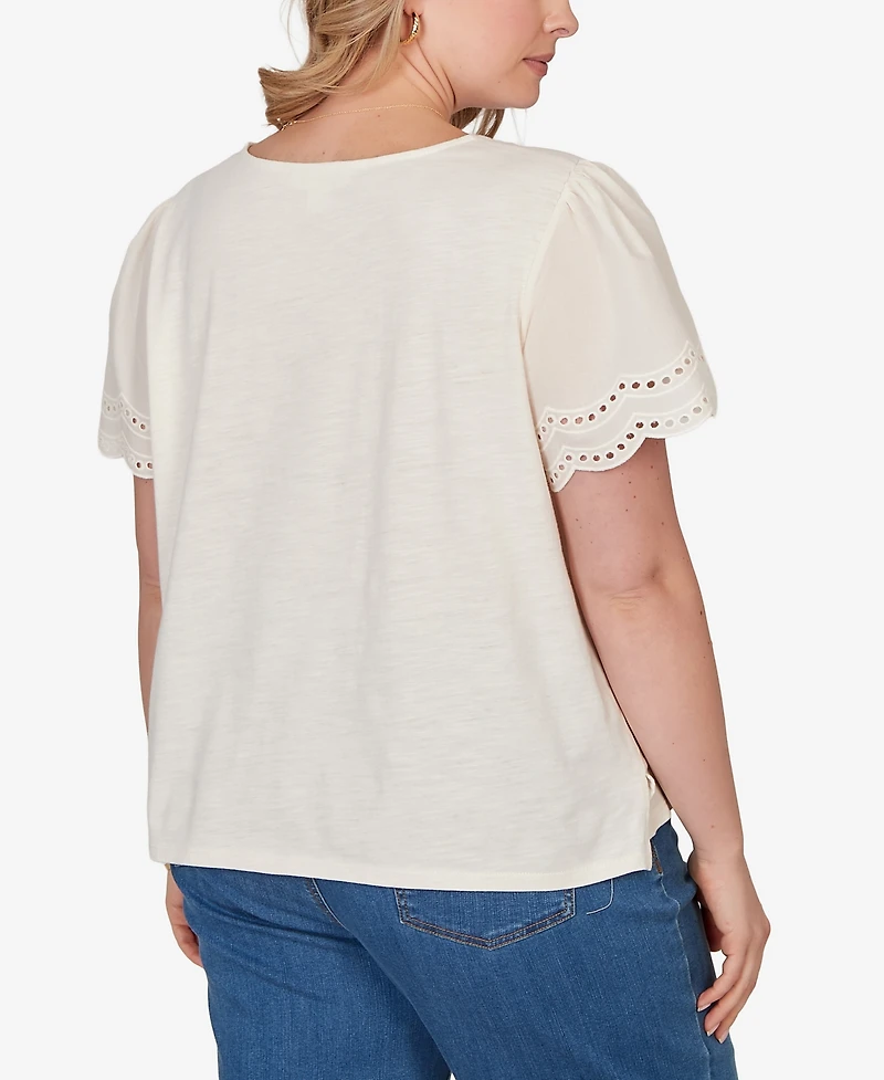 Ruby Rd. Plus Eyelet Poplin Sleeve Slub Knit Top