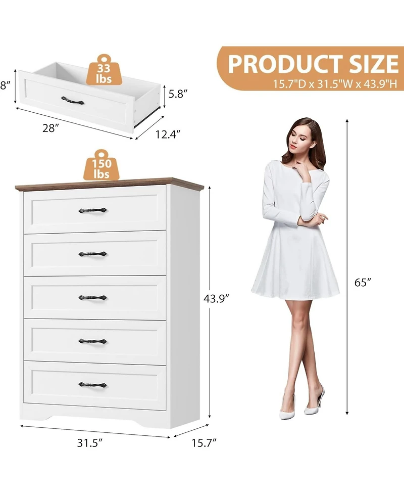 gaomon Farmhouse 5 Drawers Dresser for Bedroom, 44'' Tall Chest of Drawer, Wooden Vertical Dresser with Metal Handles and Stable Base