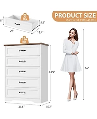 gaomon Farmhouse 5 Drawers Dresser for Bedroom, 44'' Tall Chest of Drawer, Wooden Vertical Dresser with Metal Handles and Stable Base