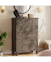 gaomon 6 Drawer Tall Vintage Wood Dresser with Carved Handles & Tapered Legs, Distressed