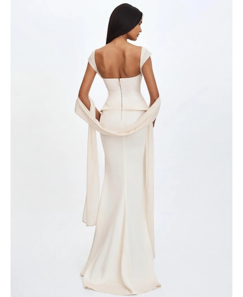 Miss Circle Women's Jessalyn Ivory Sweetheart Peplum Mermaid Wedding Dress with Chiffon Scarf