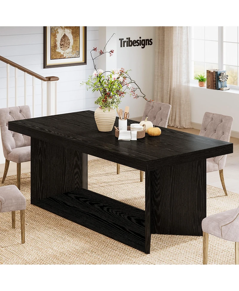 Tribesigns Dining Table for 4-6, Farmhouse Kitchen Table with Heavy Duty Pedestal, Rectangular Wooden Dinner Furniture, Black