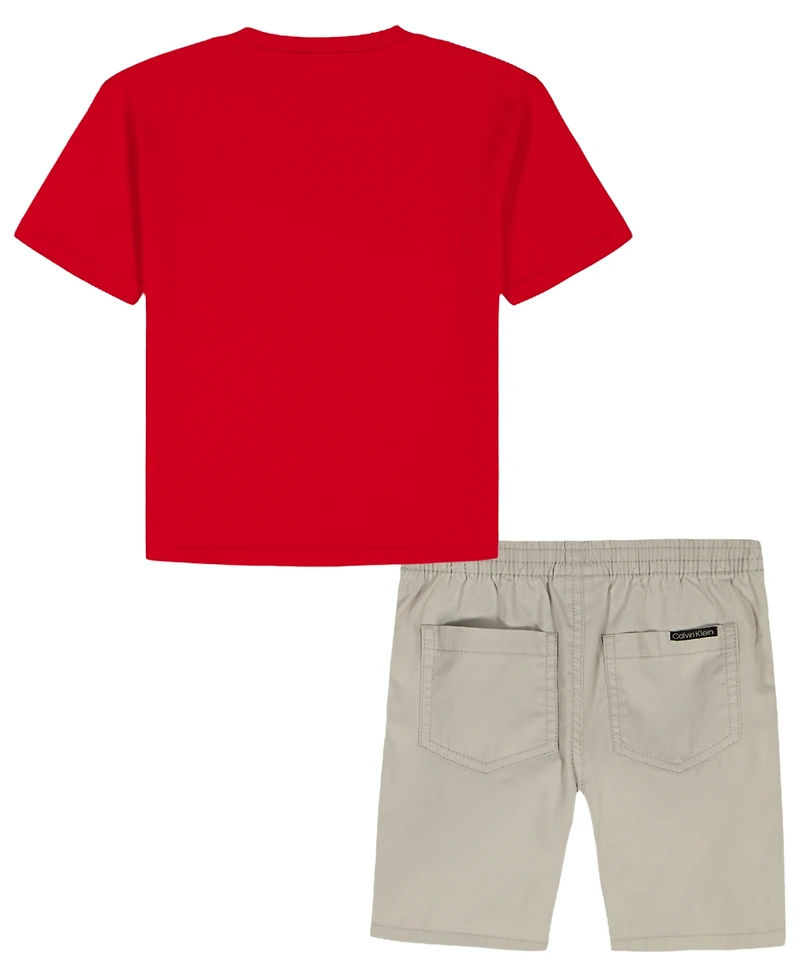 Calvin Klein Toddler and Little Boys' 2T-7 Relaxed Logo T-shirt Cotton Poplin Shorts, 2-Piece Set