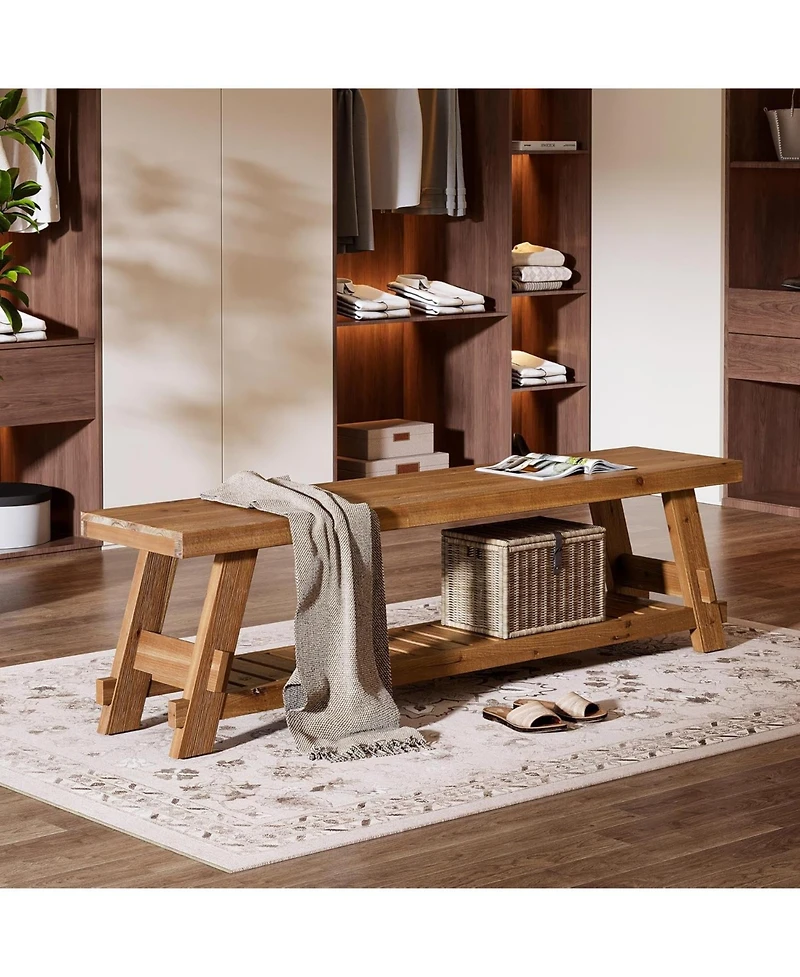 Tribesigns 63" Solid Wood Bench, 2-Tier Shoe Rack, Farmhouse Entryway Bench with Storage Shelf, Kitchen Dining Bench