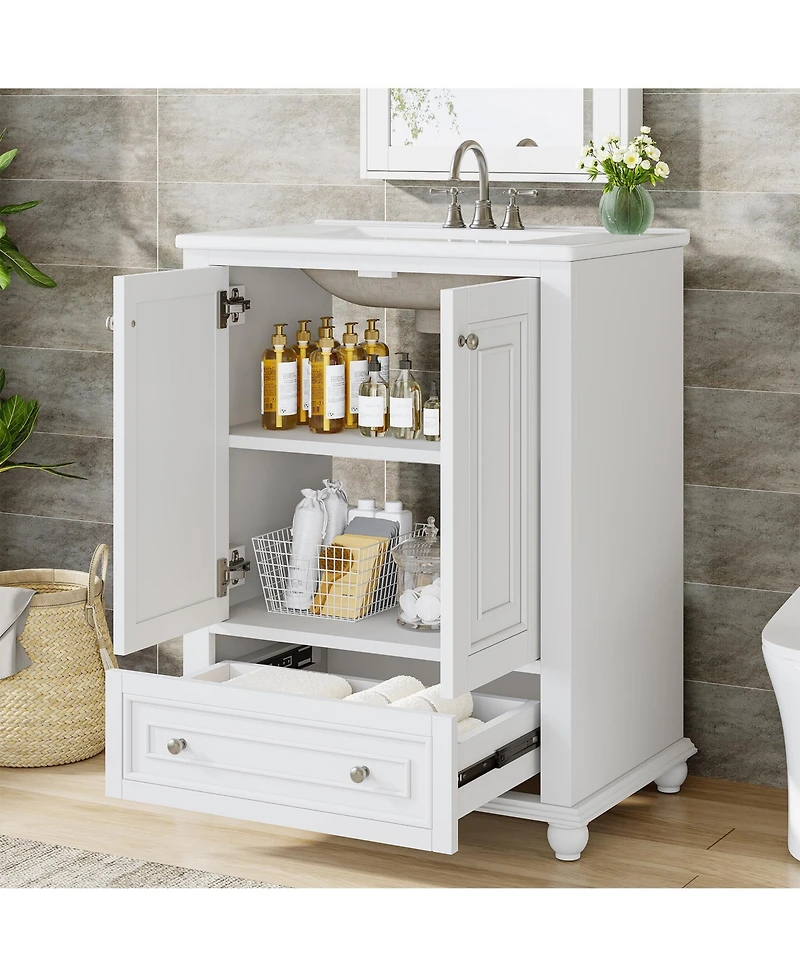 Tribesigns 24" Modern Freestanding Solid Wood Bathroom Vanity with Ceramic Sink, Adjustable Shelf Storage, Soft-Close Cabinet & Drawer