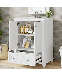 Tribesigns 24" Modern Freestanding Solid Wood Bathroom Vanity with Ceramic Sink, Adjustable Shelf Storage, Soft-Close Cabinet & Drawer